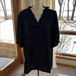 Ruffled Blue Blouse with Three-Quarter Sleeves